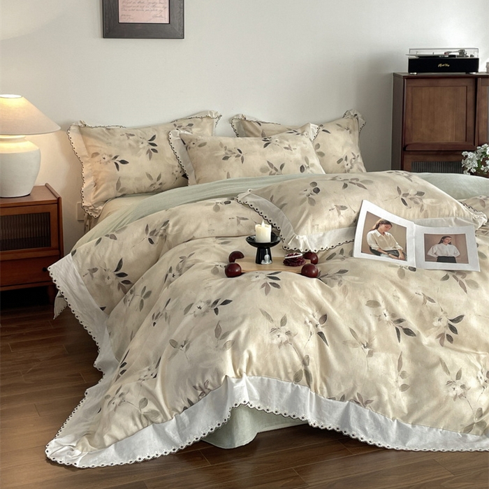 91家纺网 家纺一手货源 找家纺 慕晨 2026新款天丝莱赛尔棉麻数码印色织花边被套四件套高级田园美式直播热款 漫夏