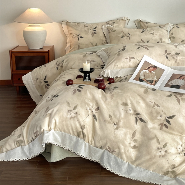 91家纺网 家纺一手货源 找家纺 慕晨 2026新款天丝莱赛尔棉麻数码印色织花边被套四件套高级田园美式直播热款 漫夏