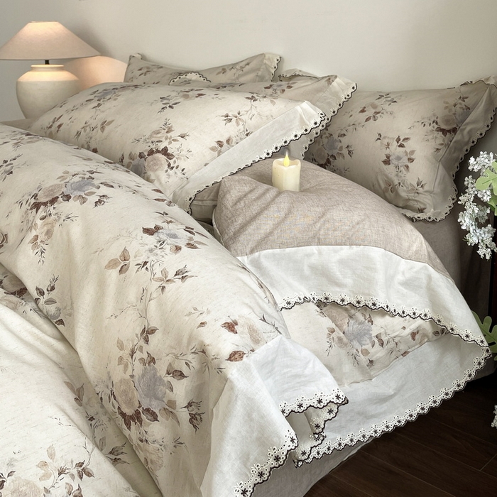 91家纺网 家纺一手货源 找家纺 慕晨 2026新款天丝莱赛尔棉麻数码印色织花边被套四件套高级田园美式直播热款 浅棠