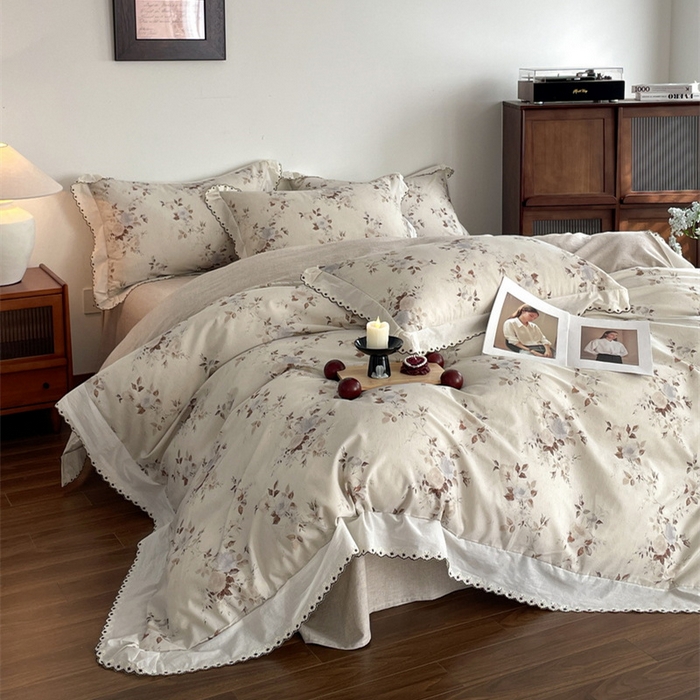 91家纺网 家纺一手货源 找家纺 慕晨 2026新款天丝莱赛尔棉麻数码印色织花边被套四件套高级田园美式直播热款 浅棠