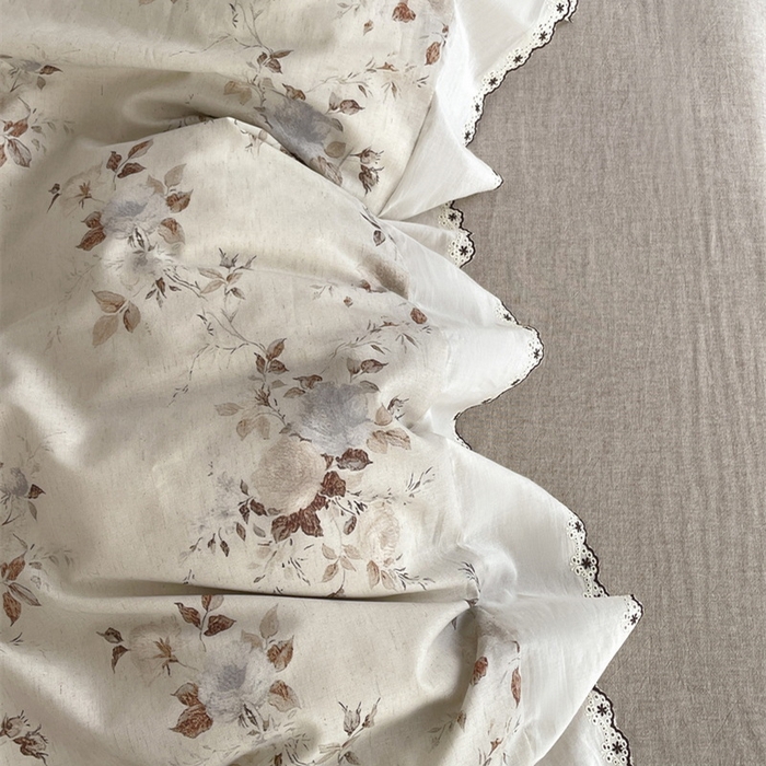 91家纺网 家纺一手货源 找家纺 慕晨 2026新款天丝莱赛尔棉麻数码印色织花边被套四件套高级田园美式直播热款 浅棠