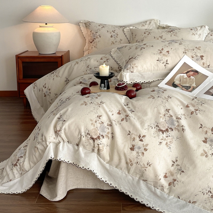 91家纺网 家纺一手货源 找家纺 慕晨 2026新款天丝莱赛尔棉麻数码印色织花边被套四件套高级田园美式直播热款 浅棠