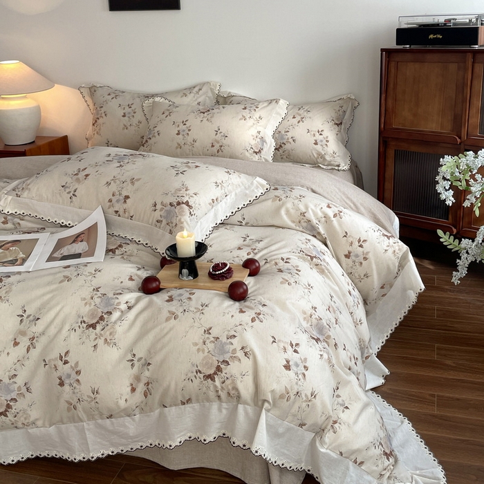 91家纺网 家纺一手货源 找家纺 慕晨 2026新款天丝莱赛尔棉麻数码印色织花边被套四件套高级田园美式直播热款 浅棠