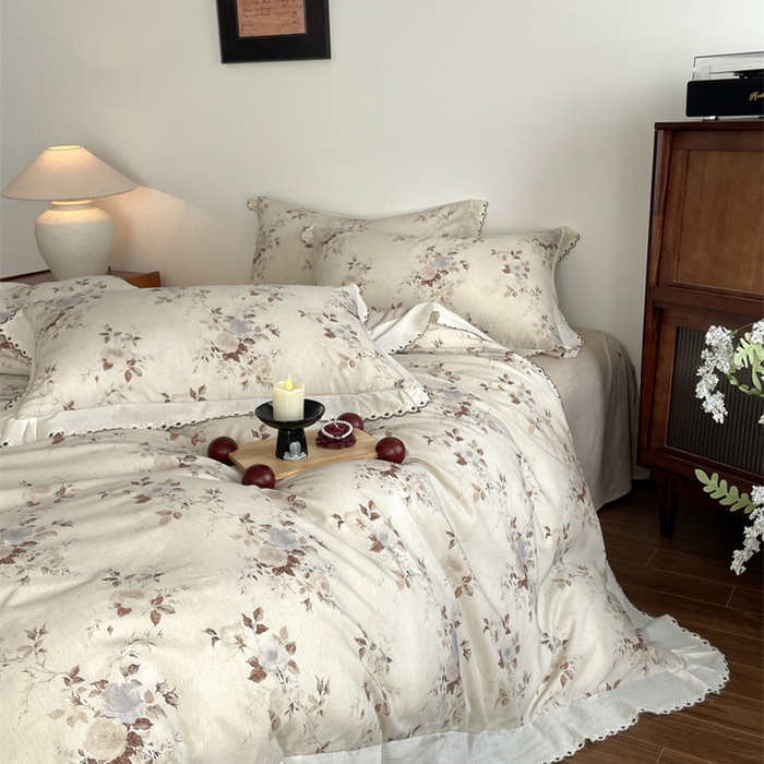 91家纺网 家纺一手货源 找家纺 慕晨 2026新款天丝莱赛尔棉麻数码印色织花边被套四件套高级田园美式直播热款 浅棠