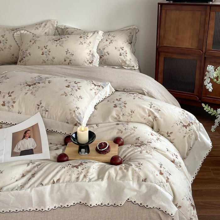 91家纺网 家纺一手货源 找家纺 慕晨 2026新款天丝莱赛尔棉麻数码印色织花边被套四件套高级田园美式直播热款 浅棠