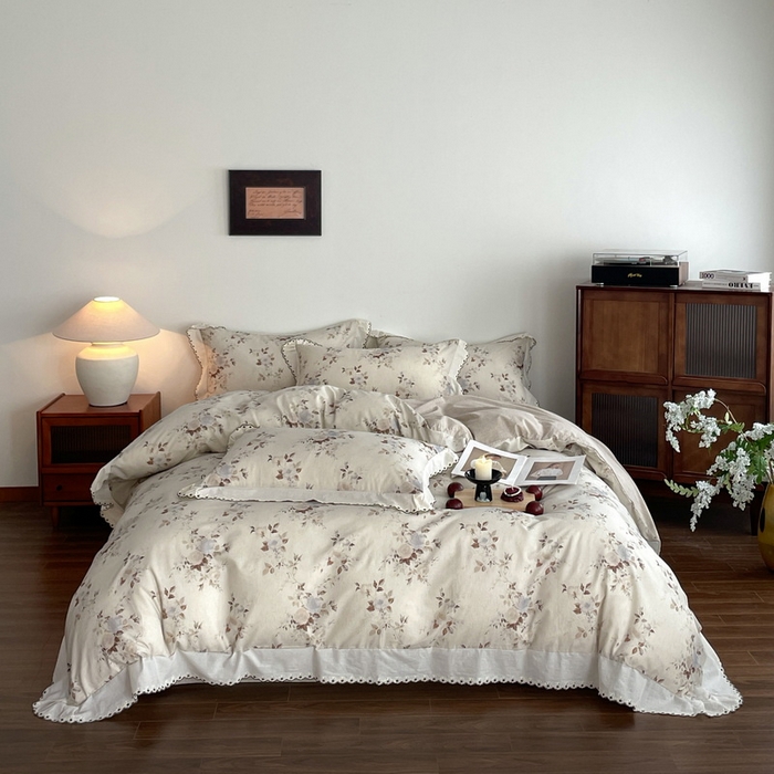 91家纺网 家纺一手货源 找家纺 慕晨 2026新款天丝莱赛尔棉麻数码印色织花边被套四件套高级田园美式直播热款 浅棠