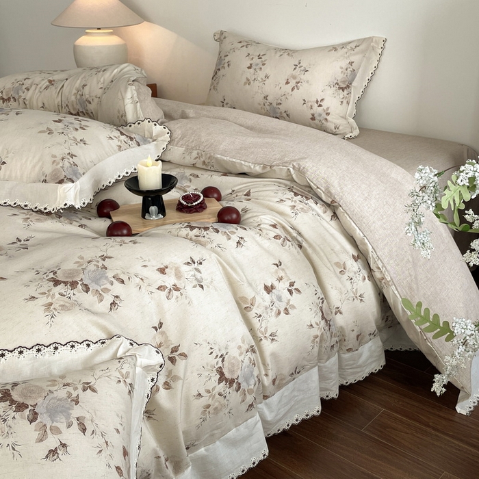 91家纺网 家纺一手货源 找家纺 慕晨 2026新款天丝莱赛尔棉麻数码印色织花边被套四件套高级田园美式直播热款 浅棠