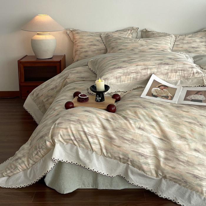 91家纺网 家纺一手货源 找家纺 慕晨 2026新款天丝莱赛尔棉麻数码印色织花边被套四件套高级田园美式直播热款 轻织