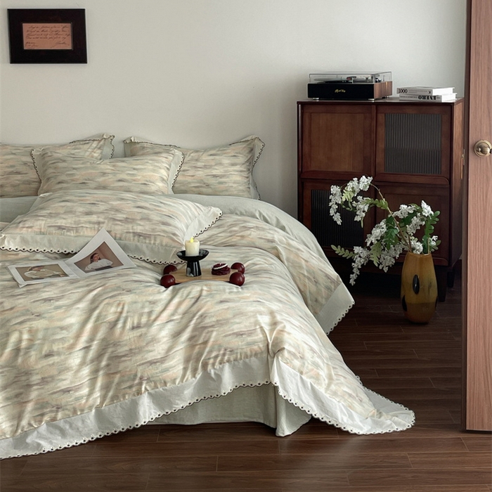 慕晨 2026新款天丝莱赛尔棉麻数码印色织花边被套四件套高级田园美式直播热款 轻织