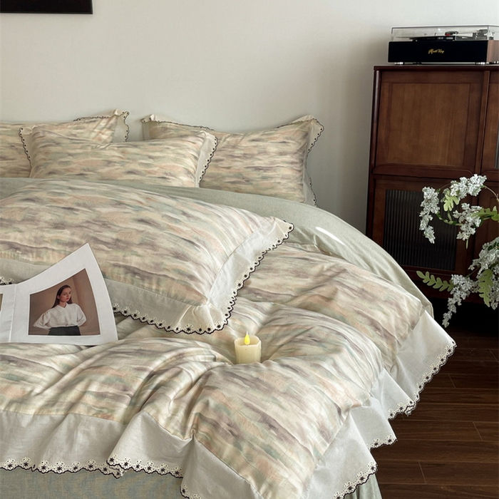 91家纺网 家纺一手货源 找家纺 慕晨 2026新款天丝莱赛尔棉麻数码印色织花边被套四件套高级田园美式直播热款 轻织