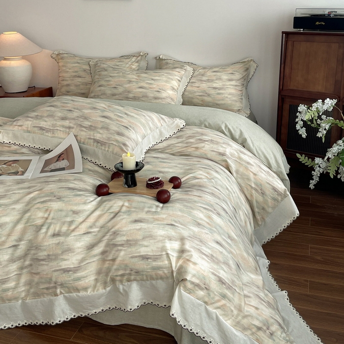 91家纺网 家纺一手货源 找家纺 慕晨 2026新款天丝莱赛尔棉麻数码印色织花边被套四件套高级田园美式直播热款 轻织