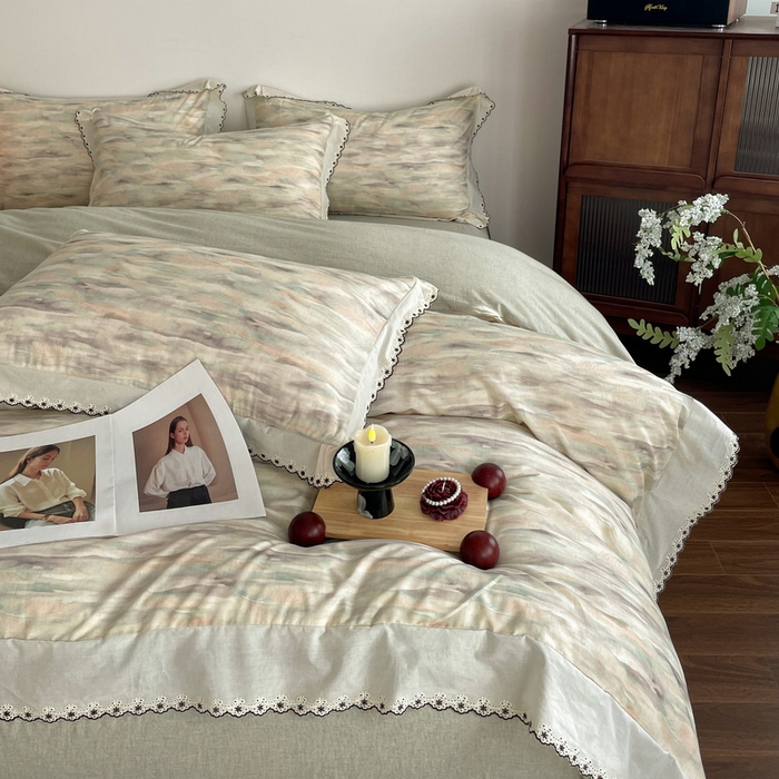 91家纺网 家纺一手货源 找家纺 慕晨 2026新款天丝莱赛尔棉麻数码印色织花边被套四件套高级田园美式直播热款 轻织