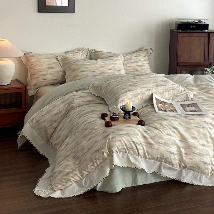 91家纺网 家纺一手货源 找家纺 慕晨 2026新款天丝莱赛尔棉麻数码印色织花边被套四件套高级田园美式直播热款 轻织