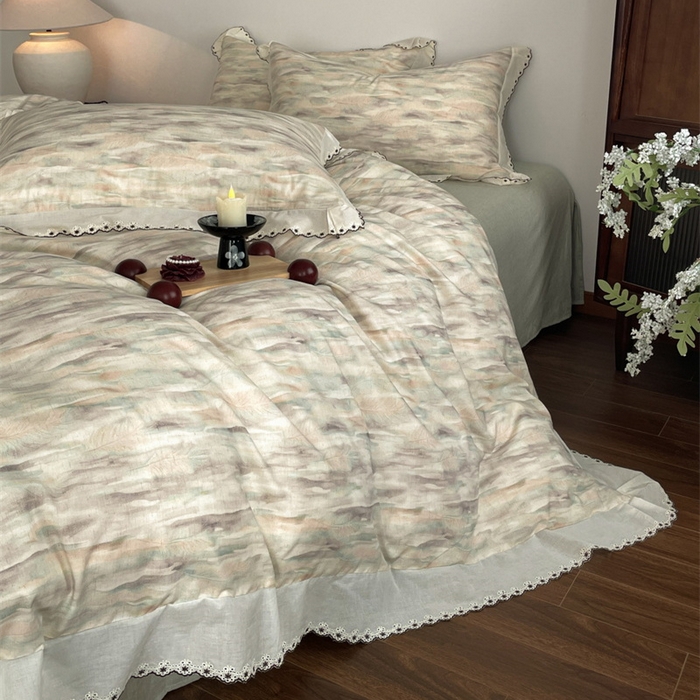 91家纺网 家纺一手货源 找家纺 慕晨 2026新款天丝莱赛尔棉麻数码印色织花边被套四件套高级田园美式直播热款 轻织