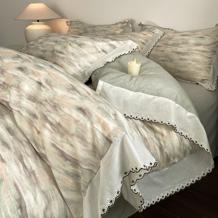 91家纺网 家纺一手货源 找家纺 慕晨 2026新款天丝莱赛尔棉麻数码印色织花边被套四件套高级田园美式直播热款 轻织