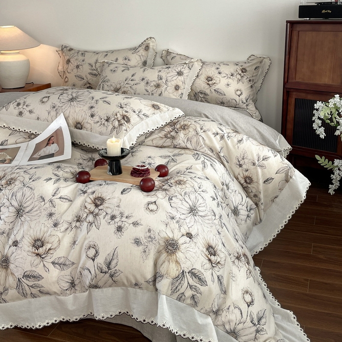 91家纺网 家纺一手货源 找家纺 慕晨 2026新款天丝莱赛尔棉麻数码印色织花边被套四件套高级田园美式直播热款 清缕