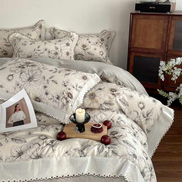 91家纺网 家纺一手货源 找家纺 慕晨 2026新款天丝莱赛尔棉麻数码印色织花边被套四件套高级田园美式直播热款 清缕