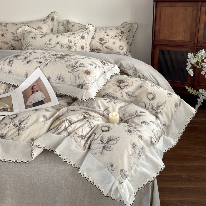 91家纺网 家纺一手货源 找家纺 慕晨 2026新款天丝莱赛尔棉麻数码印色织花边被套四件套高级田园美式直播热款 清缕