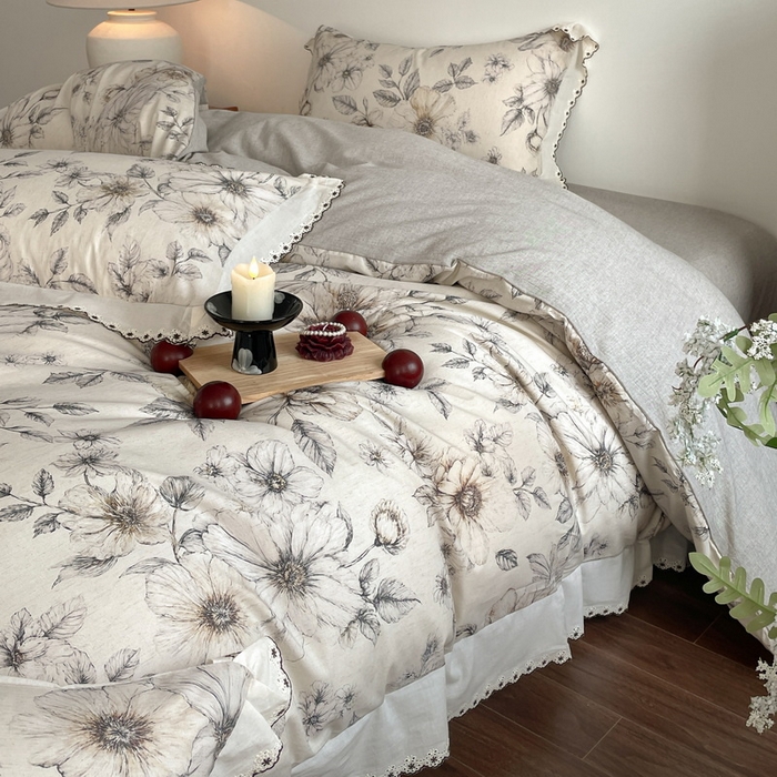 91家纺网 家纺一手货源 找家纺 慕晨 2026新款天丝莱赛尔棉麻数码印色织花边被套四件套高级田园美式直播热款 清缕