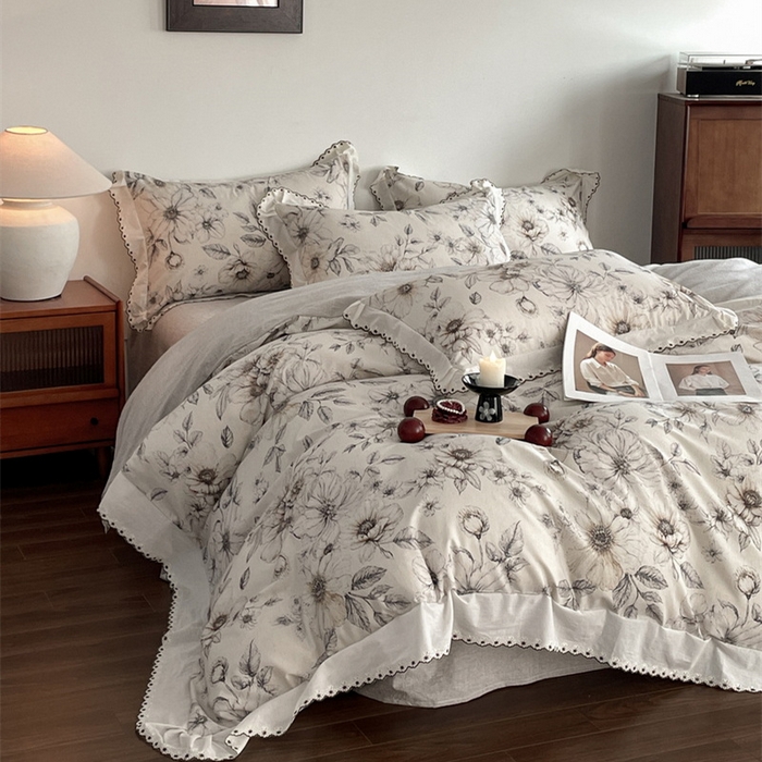 91家纺网 家纺一手货源 找家纺 慕晨 2026新款天丝莱赛尔棉麻数码印色织花边被套四件套高级田园美式直播热款 清缕