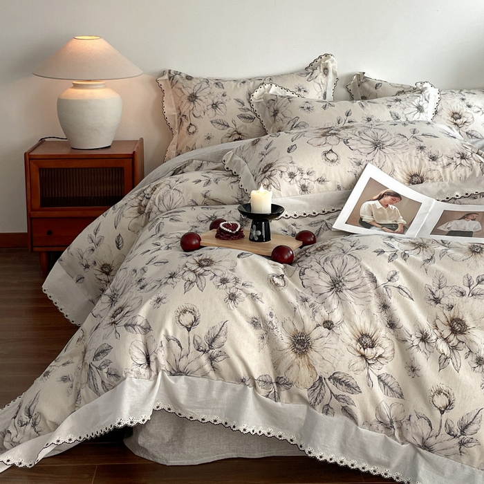 91家纺网 家纺一手货源 找家纺 慕晨 2026新款天丝莱赛尔棉麻数码印色织花边被套四件套高级田园美式直播热款 清缕