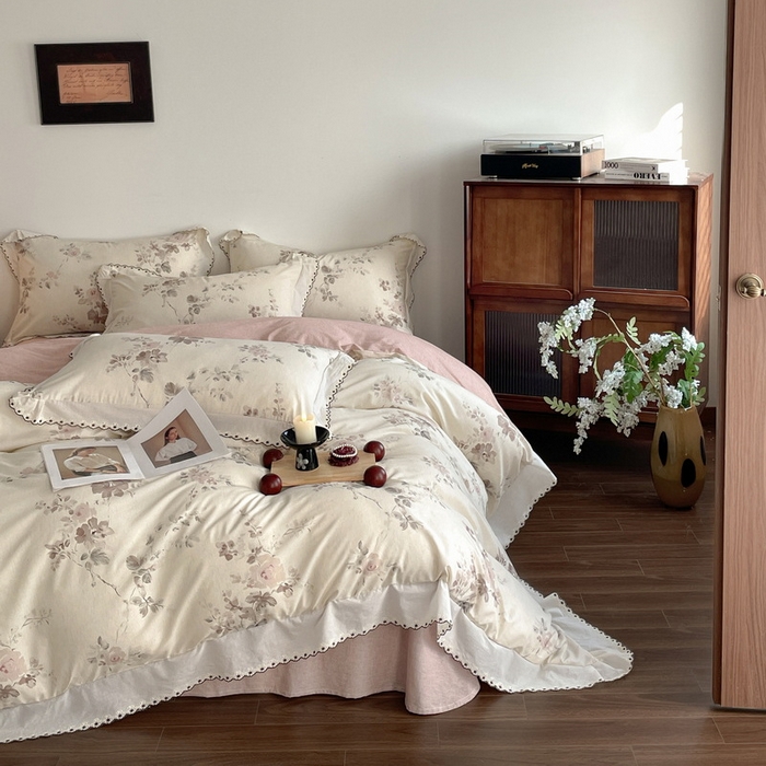 慕晨 2026新款天丝莱赛尔棉麻数码印色织花边被套四件套高级田园美式直播热款 柔织