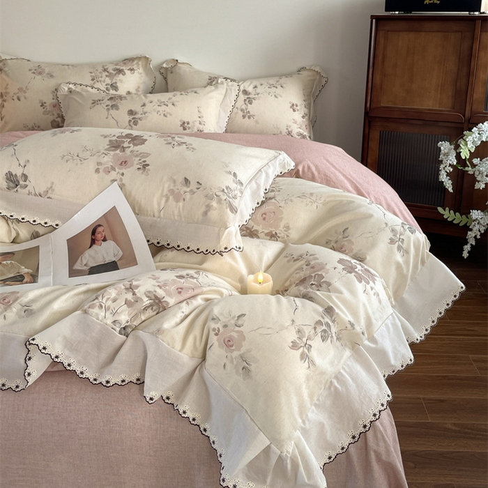 91家纺网 家纺一手货源 找家纺 慕晨 2026新款天丝莱赛尔棉麻数码印色织花边被套四件套高级田园美式直播热款 柔织