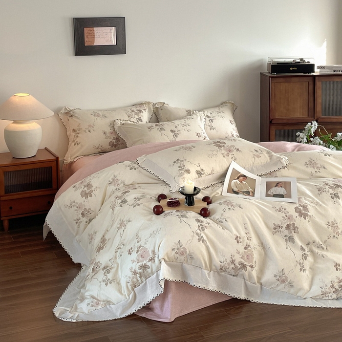 91家纺网 家纺一手货源 找家纺 慕晨 2026新款天丝莱赛尔棉麻数码印色织花边被套四件套高级田园美式直播热款 柔织