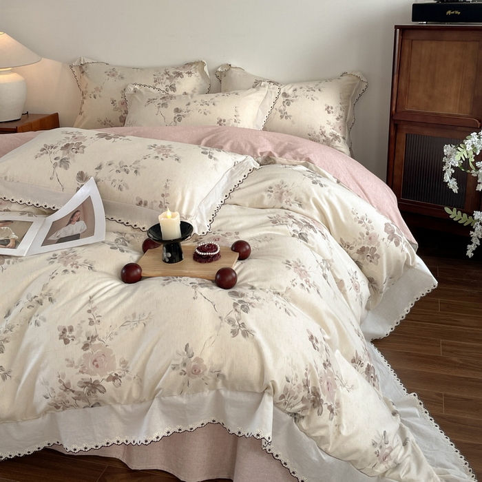 91家纺网 家纺一手货源 找家纺 慕晨 2026新款天丝莱赛尔棉麻数码印色织花边被套四件套高级田园美式直播热款 柔织