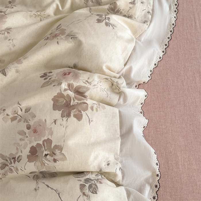 91家纺网 家纺一手货源 找家纺 慕晨 2026新款天丝莱赛尔棉麻数码印色织花边被套四件套高级田园美式直播热款 柔织