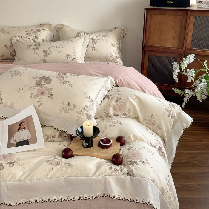 91家纺网 家纺一手货源 找家纺 慕晨 2026新款天丝莱赛尔棉麻数码印色织花边被套四件套高级田园美式直播热款 柔织