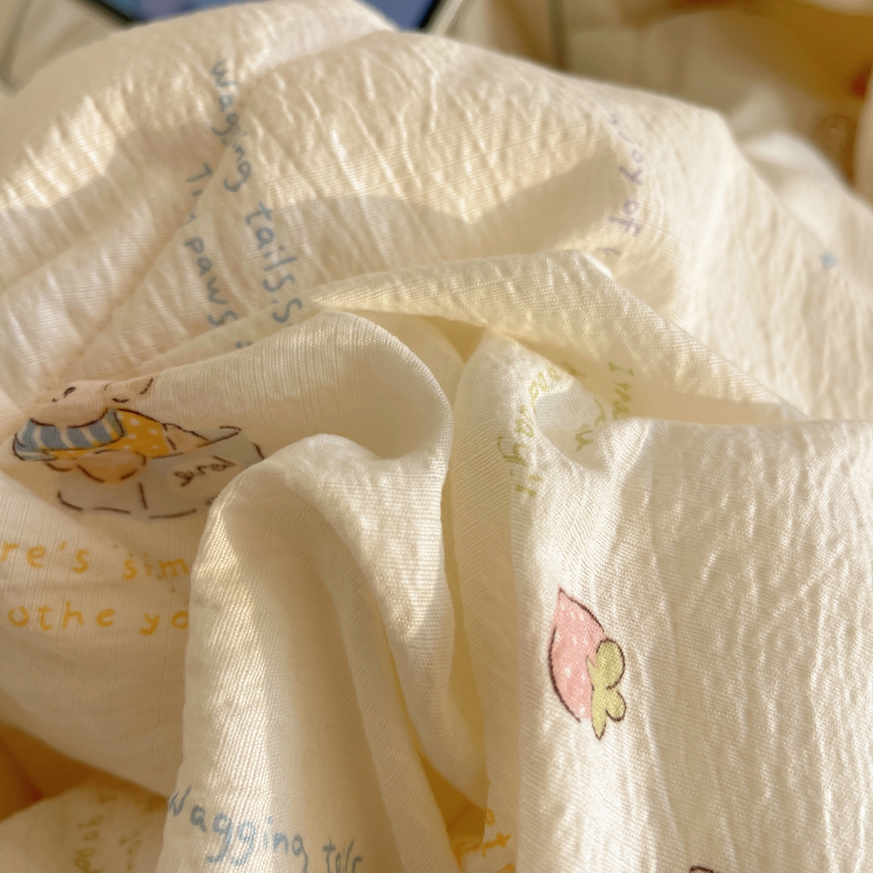 91家纺网 家纺一手货源 找家纺 梵克保罗 2026春夏新款全棉纯棉花边皱皱纱单夏被夏凉被空调被夏被四件套 奶芙小狗