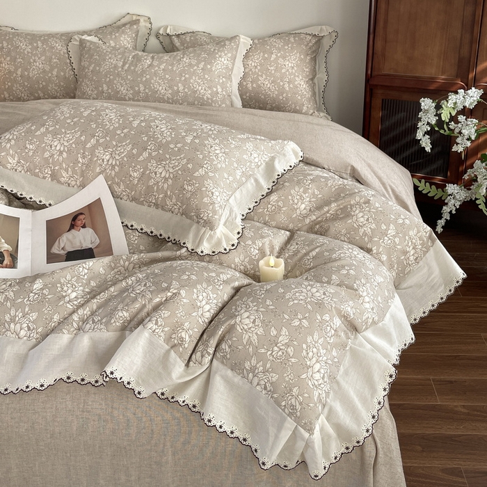 91家纺网 家纺一手货源 找家纺 慕晨 2026新款天丝莱赛尔棉麻数码印色织花边被套四件套高级田园美式直播热款 疏影