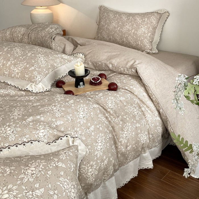 91家纺网 家纺一手货源 找家纺 慕晨 2026新款天丝莱赛尔棉麻数码印色织花边被套四件套高级田园美式直播热款 疏影