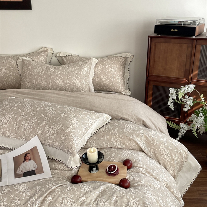 91家纺网 家纺一手货源 找家纺 慕晨 2026新款天丝莱赛尔棉麻数码印色织花边被套四件套高级田园美式直播热款 疏影