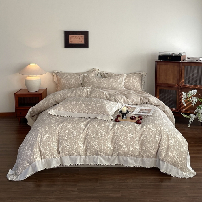 91家纺网 家纺一手货源 找家纺 慕晨 2026新款天丝莱赛尔棉麻数码印色织花边被套四件套高级田园美式直播热款 疏影