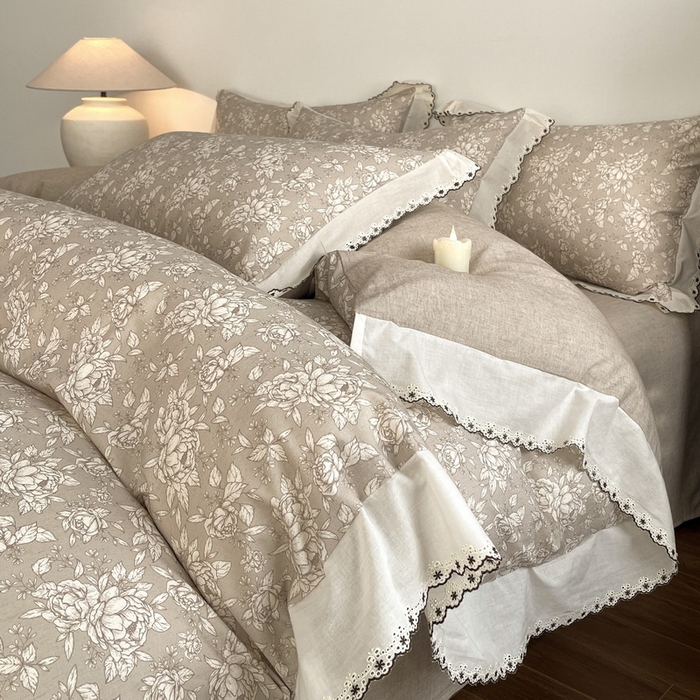 91家纺网 家纺一手货源 找家纺 慕晨 2026新款天丝莱赛尔棉麻数码印色织花边被套四件套高级田园美式直播热款 疏影