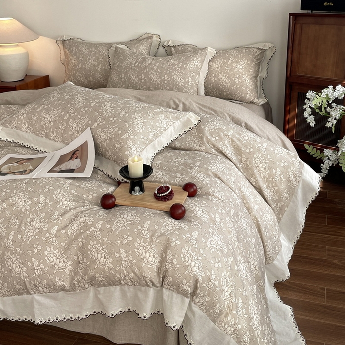 91家纺网 家纺一手货源 找家纺 慕晨 2026新款天丝莱赛尔棉麻数码印色织花边被套四件套高级田园美式直播热款 疏影