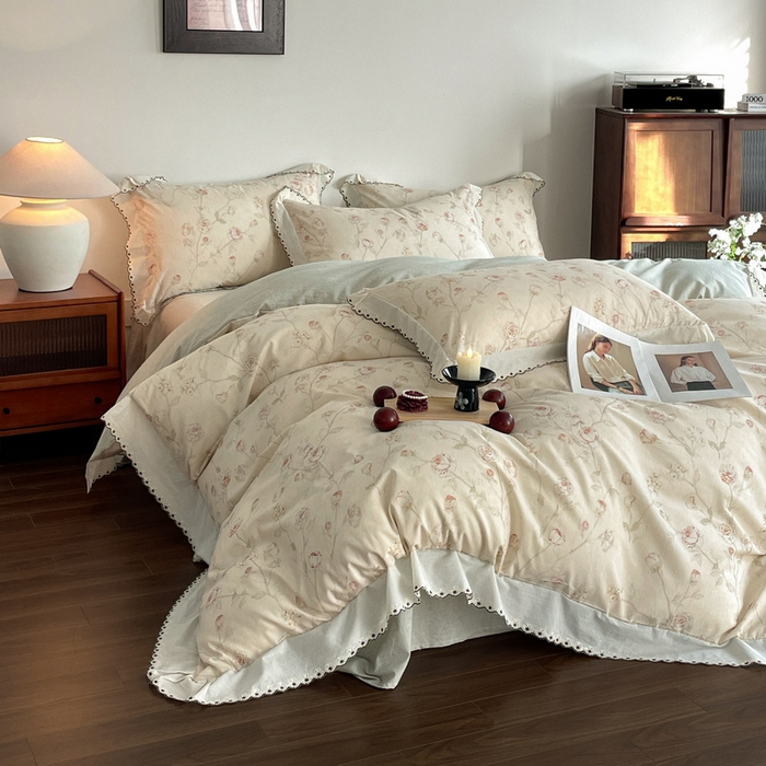 91家纺网 家纺一手货源 找家纺 慕晨 2026新款天丝莱赛尔棉麻数码印色织花边被套四件套高级田园美式直播热款 素偶