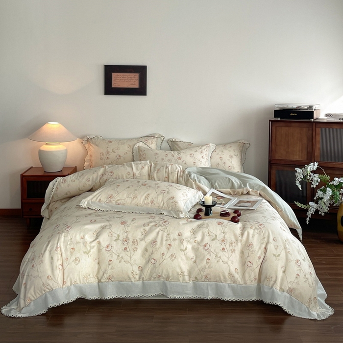 91家纺网 家纺一手货源 找家纺 慕晨 2026新款天丝莱赛尔棉麻数码印色织花边被套四件套高级田园美式直播热款 素偶