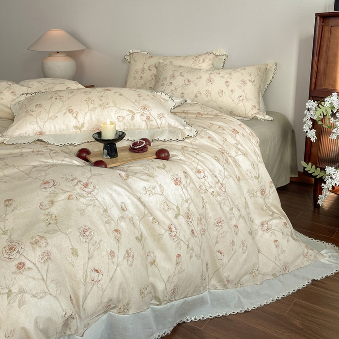 91家纺网 家纺一手货源 找家纺 慕晨 2026新款天丝莱赛尔棉麻数码印色织花边被套四件套高级田园美式直播热款 素偶