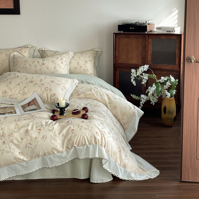 慕晨 2026新款天丝莱赛尔棉麻数码印色织花边被套四件套高级田园美式直播热款 素偶