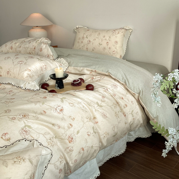 91家纺网 家纺一手货源 找家纺 慕晨 2026新款天丝莱赛尔棉麻数码印色织花边被套四件套高级田园美式直播热款 素偶