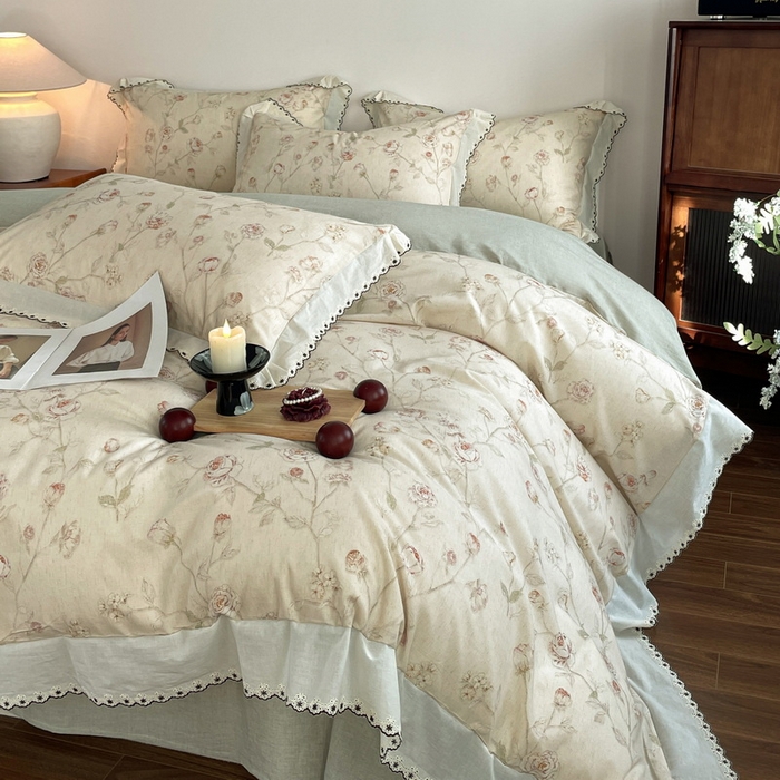 91家纺网 家纺一手货源 找家纺 慕晨 2026新款天丝莱赛尔棉麻数码印色织花边被套四件套高级田园美式直播热款 素偶