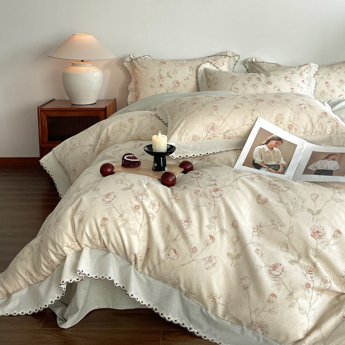 91家纺网 家纺一手货源 找家纺 慕晨 2026新款天丝莱赛尔棉麻数码印色织花边被套四件套高级田园美式直播热款 素偶