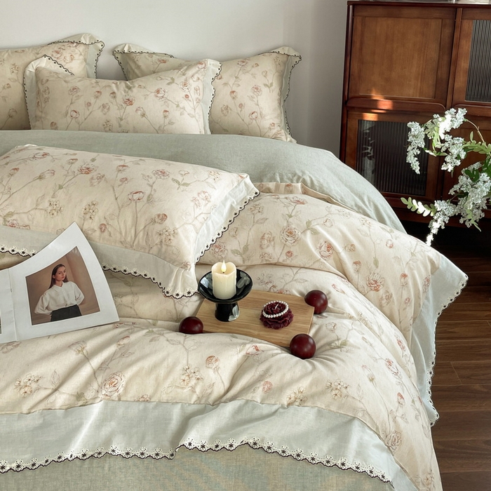 91家纺网 家纺一手货源 找家纺 慕晨 2026新款天丝莱赛尔棉麻数码印色织花边被套四件套高级田园美式直播热款 素偶