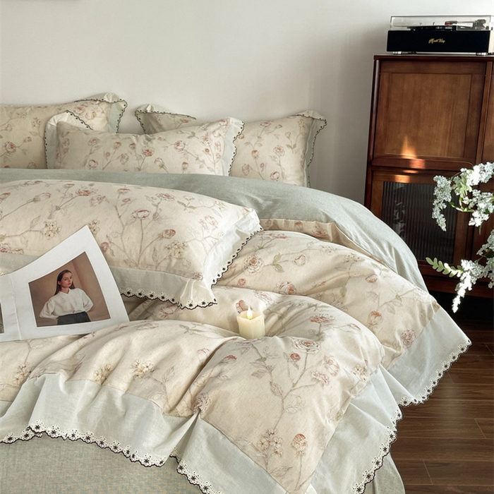 91家纺网 家纺一手货源 找家纺 慕晨 2026新款天丝莱赛尔棉麻数码印色织花边被套四件套高级田园美式直播热款 素偶