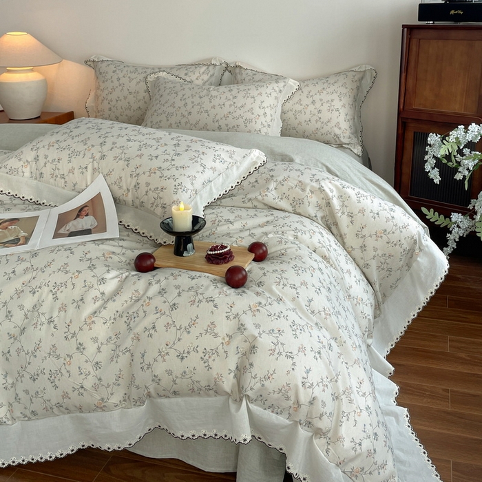 91家纺网 家纺一手货源 找家纺 慕晨 2026新款天丝莱赛尔棉麻数码印色织花边被套四件套高级田园美式直播热款 晚絮