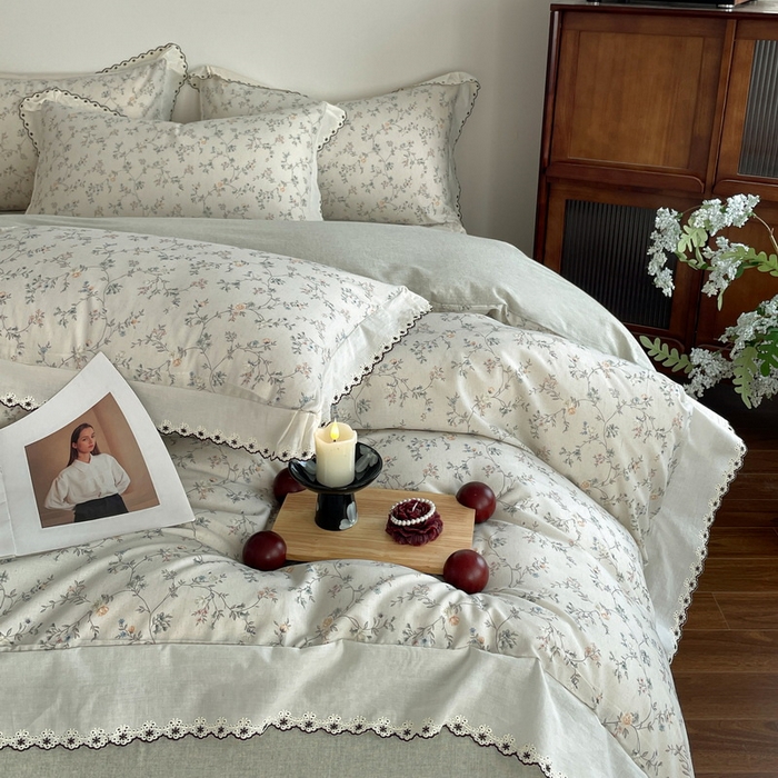 91家纺网 家纺一手货源 找家纺 慕晨 2026新款天丝莱赛尔棉麻数码印色织花边被套四件套高级田园美式直播热款 晚絮