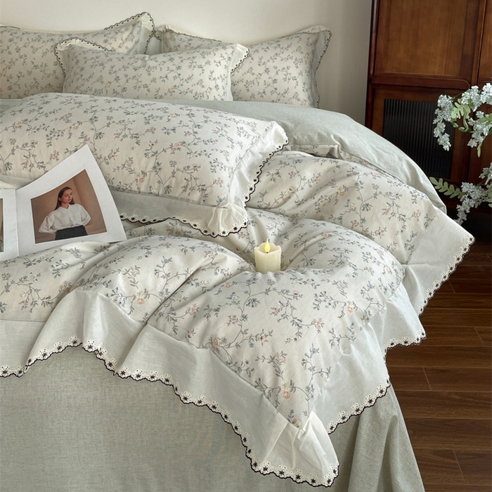 91家纺网 家纺一手货源 找家纺 慕晨 2026新款天丝莱赛尔棉麻数码印色织花边被套四件套高级田园美式直播热款 晚絮